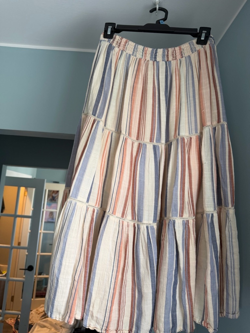 Altar'd State Tiered A-Line Button-Front Stripe Skirt in Cream, Blue & Coral - Picture 3 of 4